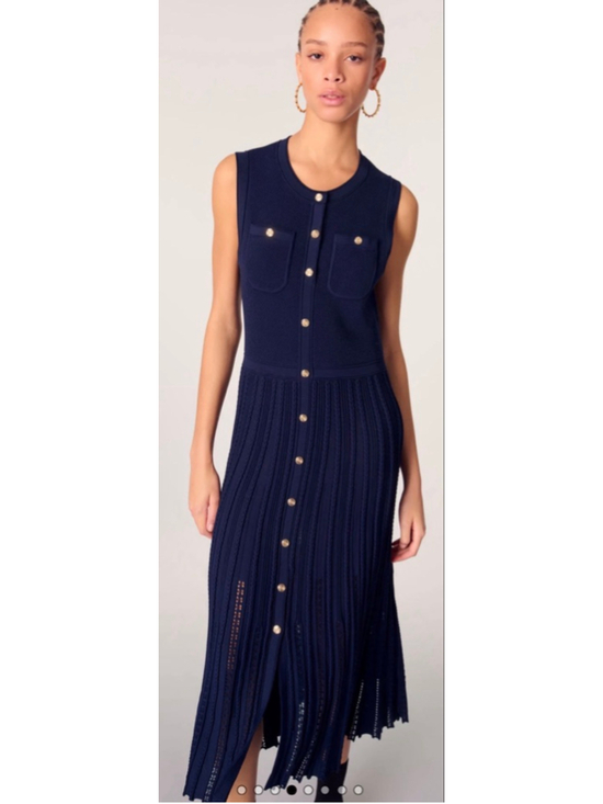 Maje Dresses & Skirts - NWOT Maje Navy Pleated Knit Maxi Dress with Gold Buttons, Size 40/L 8-10